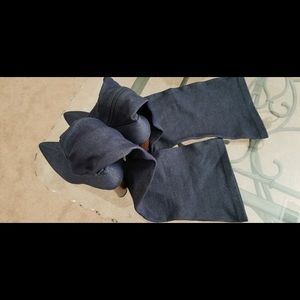Denim knee high heeled boots